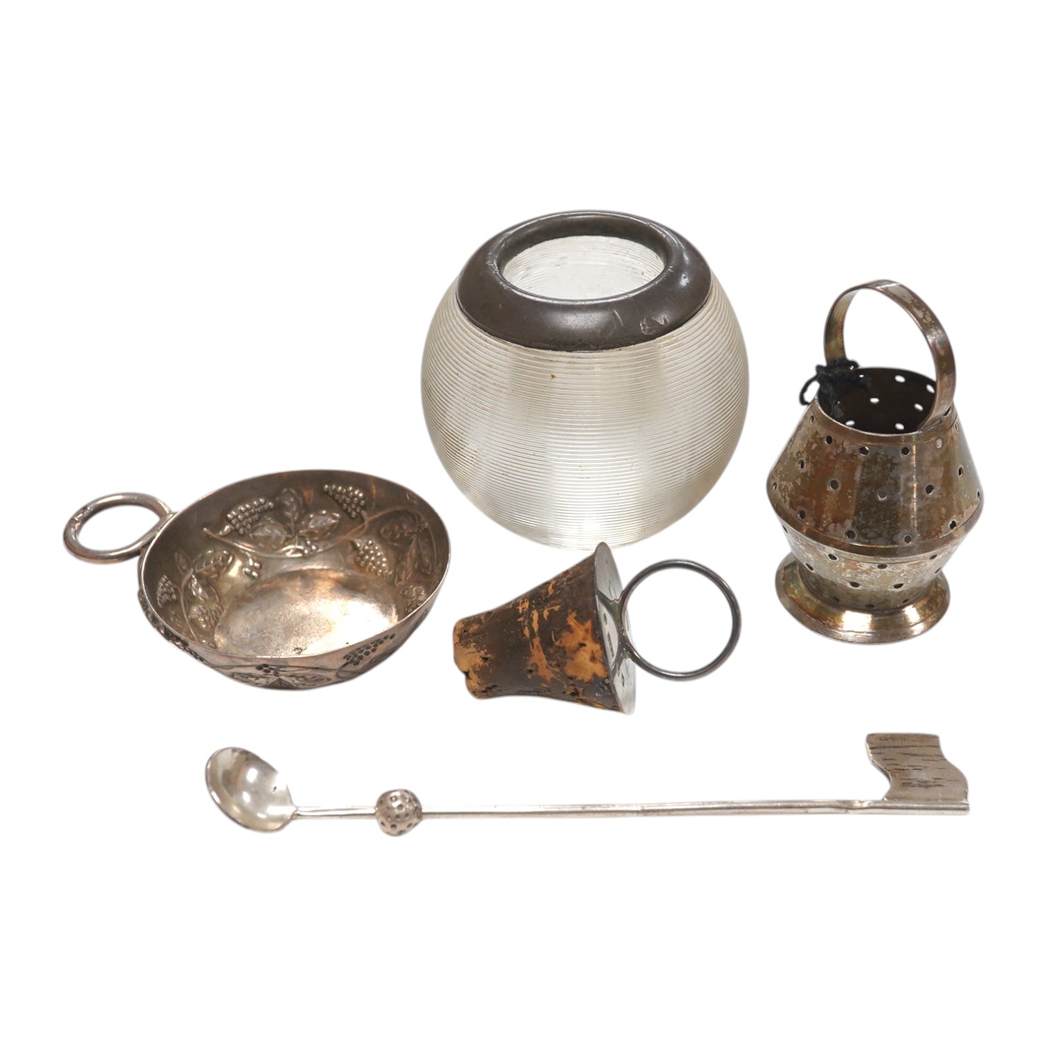 Sundry small silver including a George V mounted glass match strike, golf club condiment spoon and a Scottish silver mounted cork stopper. Condition - fair